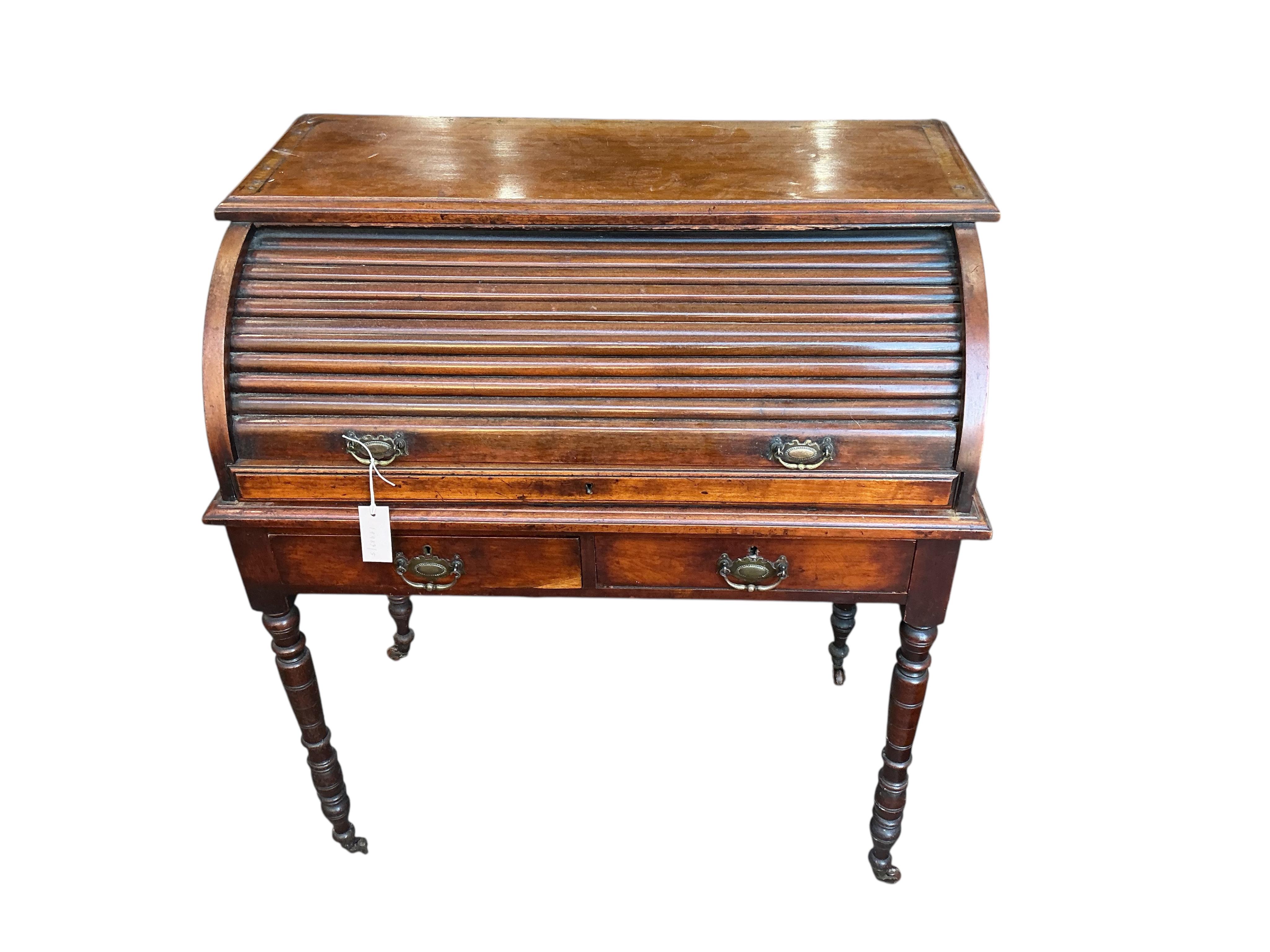 A late Victorian mahogany cylinder bureau, lacking superstructure, width 91cm, depth 52cm, height 102cm